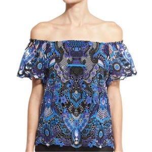 Alice + Olivia Guipure Blue and Black Lace Maxie Off-Shoulder Top Size Medium